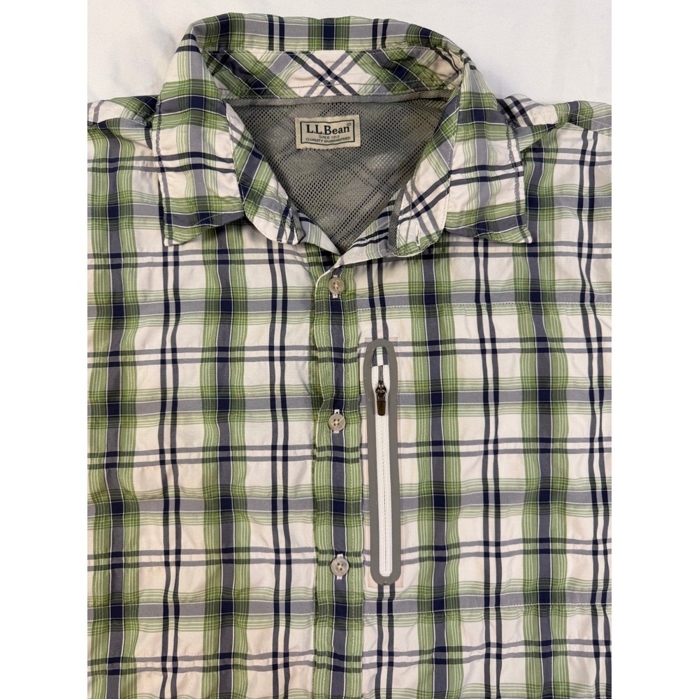 LLBean Mens Plaid‎ Vented Outdoor Fishing Long Sleeve Button Up Zip Pocket Large
